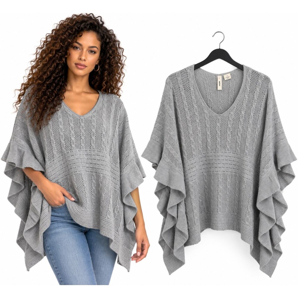 Anthropologie MOTH Wool Alpaca Cable Knit Ruffle Poncho Sweater Small Gray Boho
